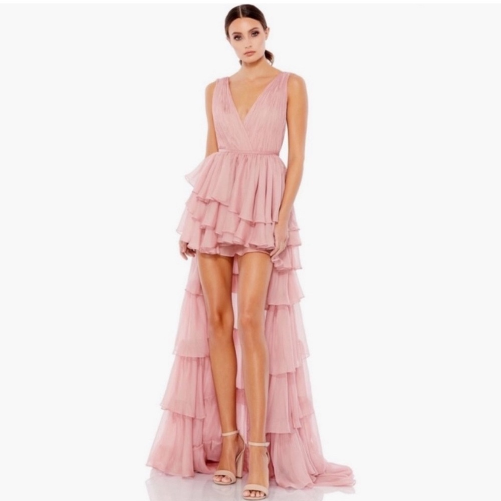 NWT IEENA for Mac Duggal Tiered Ruffle Chiffon High Low Gown Dress Blush Pink 4
